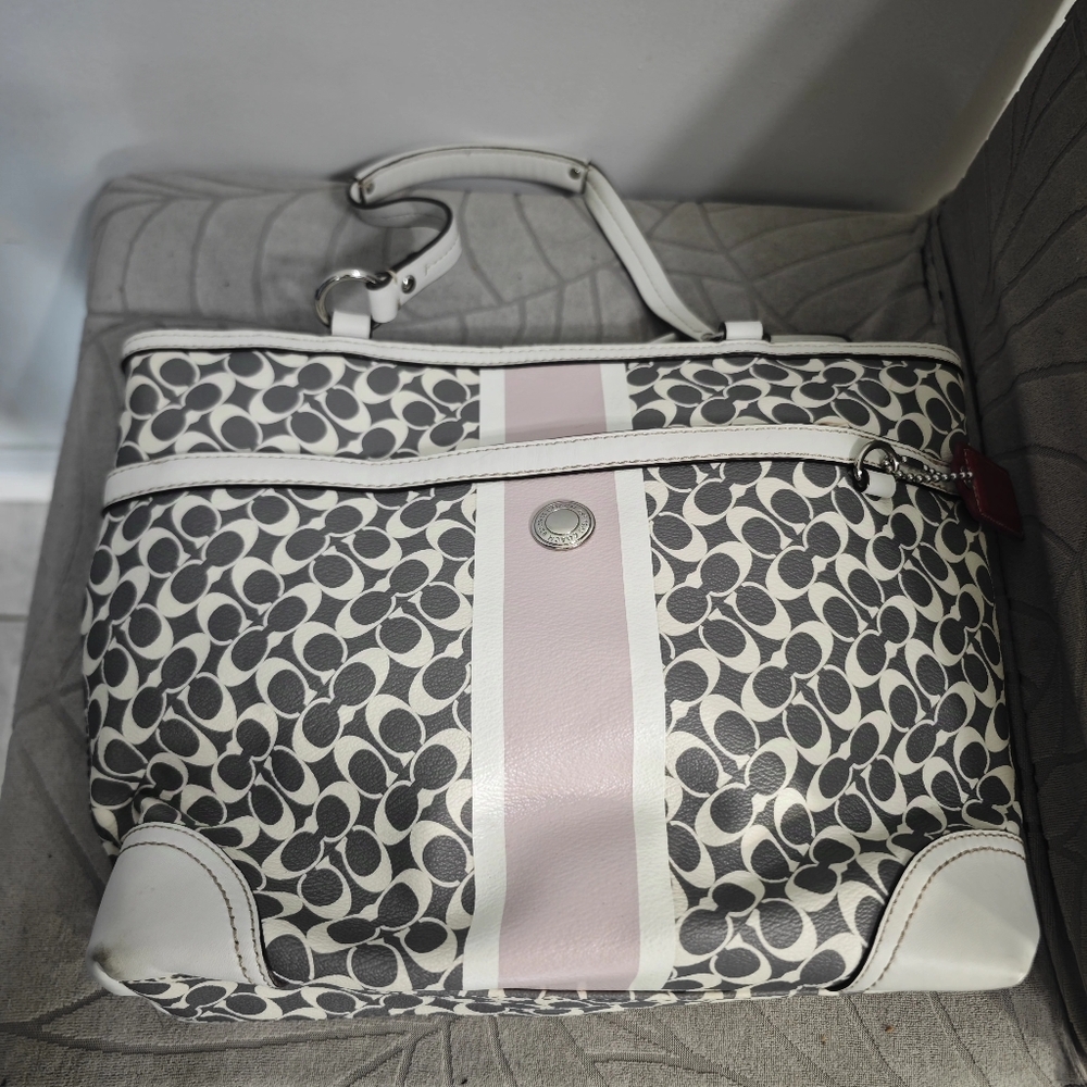 COACH CHELSEA HERITAGE TOTE BAG SIGNATURE STRIPE GRAY WHITE PURSE